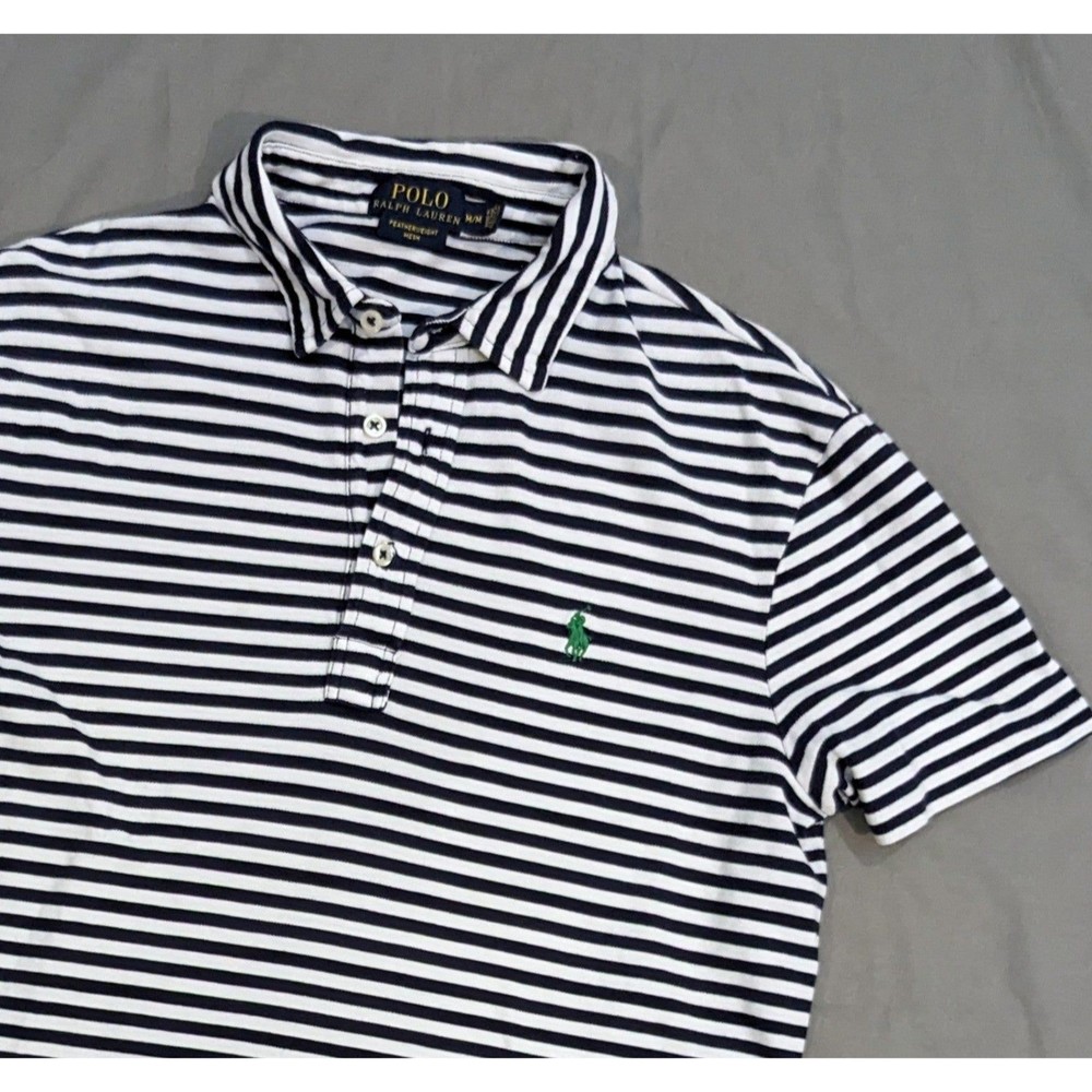 Polo Ralph Lauren Featherweight Mesh Blue and White Stripe Polo Shirt Medium